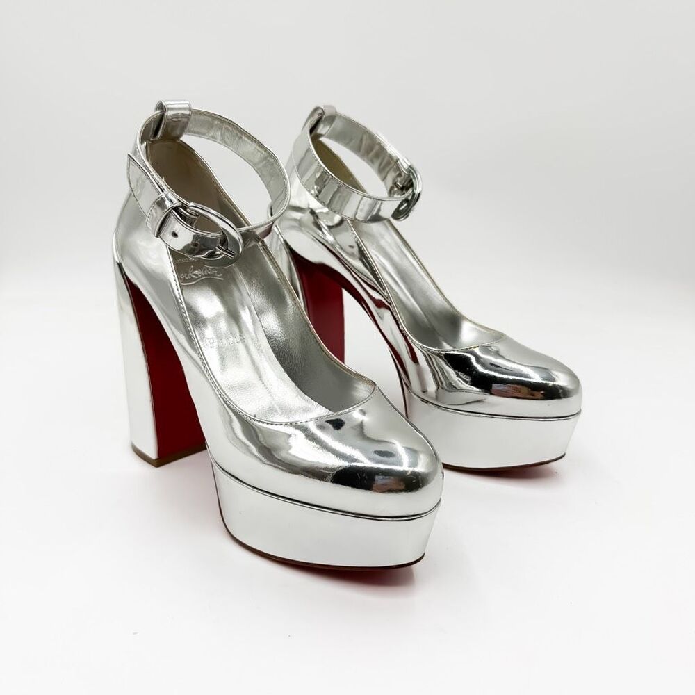 Christian Louboutin Movidastrap Pumps Metallic Silver Platform Heels EU 36 US 6